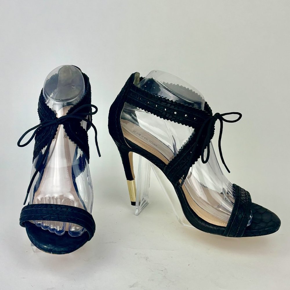 Title: Pour La Victoire Black Lace-Up Stiletto Heels - Size 8